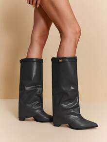 女士尖头时尚日常百搭高跟过膝长靴 - 深灰色 - 查看 4