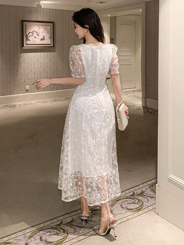 Elegant Luxury Puff Sleeve Organza Patchwork Dress For Women, Flattering Summer Sundress
