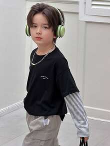 DAZY Young Boy Letter Print 2 In 1 Striped Casual T-Shirt - Black - View 13