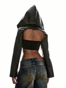 SHEIN EZwear 秋冬季超短款PU皮革露背性感连帽长袖女式外套