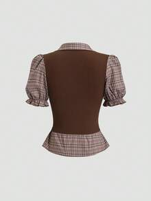 Sweetra Women's Retro 2 In 1 Plaid Patchwork Long Sleeve Shirt Design Top - Coffee Brown - View 2