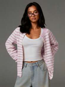 Athîral Women's Casual Commuter Striped Lightweight Cardigan Striped Cardigan Women Cardigan Summer Cardigan Teal Cardigan White Cardigan In Fall/Winter - Pink - View 4