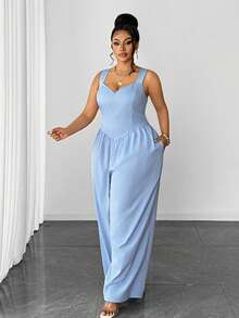Maweii Bộ jumpsuit dáng rộng màu xanh nhạt cho nữ, cổ chữ V, dây đeo rộng phía sau, eo xếp ly, ống rộng, kiểu dáng cocoon, thanh lịch, thường ngày, có túi, phù hợp cho kỳ nghỉ. - Màu xanh lam - Xem 2