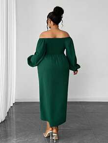 Maweii Đầm ôm dáng thanh lịch, trễ vai, tay phồng, xếp ly dành cho nữ cỡ lớn - màu xanh lá - Xem 5