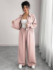 Elenzga Plus Size Women's French Romantic Sicily Elegant Casual Commute Vacation Solid Brown Shirt Collar Hidden Placket Elastic Hem Long Sleeve Shirt + Elastic Waist Cargo Pants Suit, Spring/Autumn/Winter Pant Suit Summer Sets 2 Piece Lounge Sets Woman 2 Piece Casual Sets Woman Comfortable Two Piece Set - Baby Pink - View 8