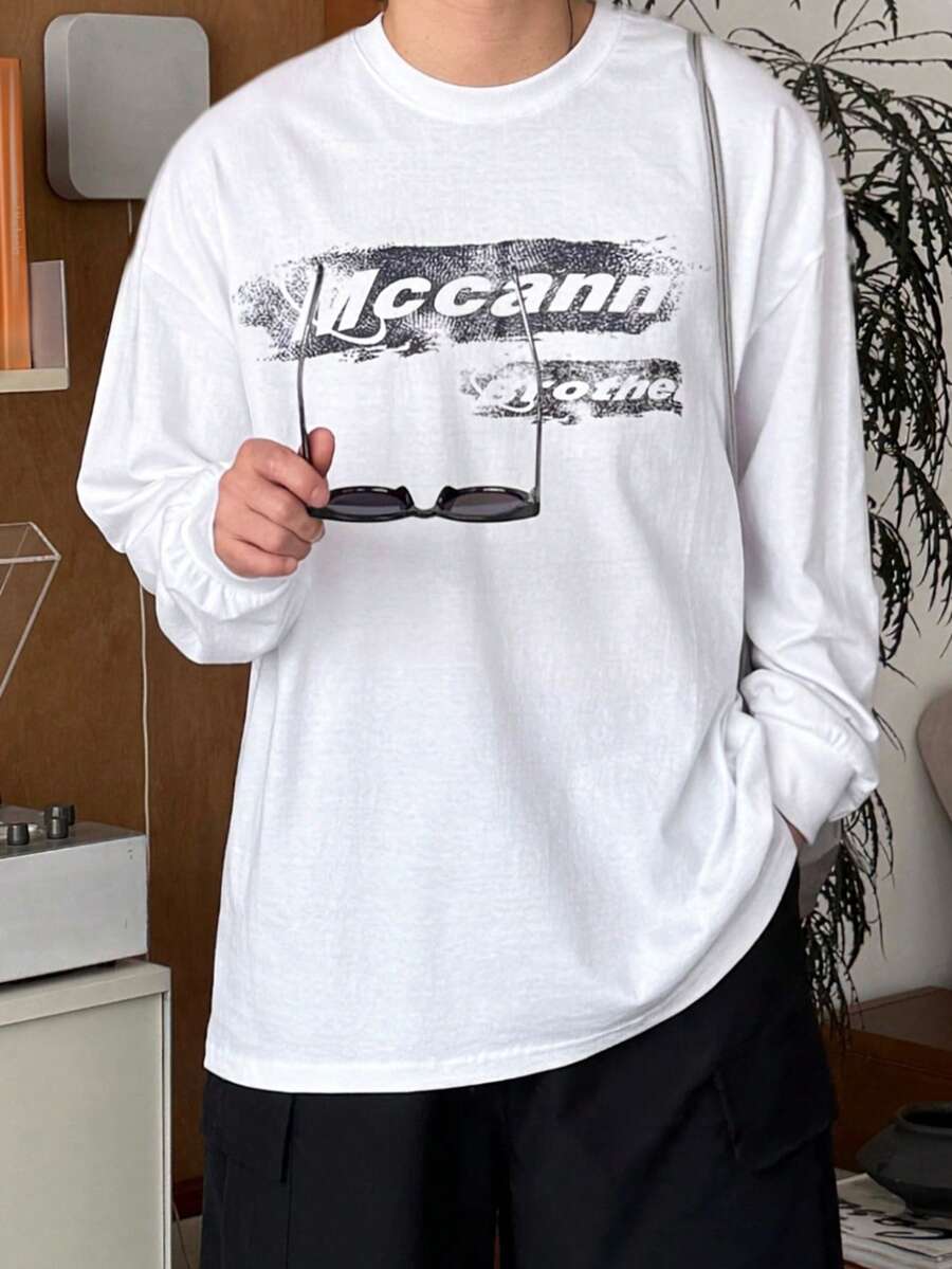 DAZY Men's Letter Print Round Neck T-Shirt, Spring - White - View 1