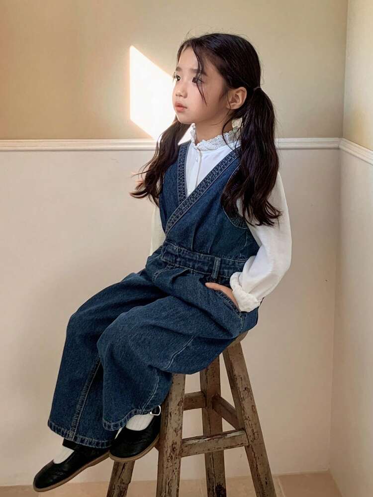 Young Girls' Criss-Cross Wrap Sleeveless Fashionable Denim Jumpsuit