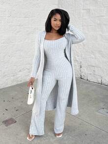 Alexandranx Home Basics Fleece Strip Casual Versatile Cardigan Jacket Camisole Jumpsuit Women's Two-Piece Set - Grey - View 3