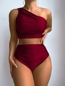 Swim Chiccia Women's Elegant Burgundy Asymmetrical Neck Ruched Sleeveless Bikini Set Stylish Plain Short Swimwear For Summer Beach Red Two Piece Burgundy Bikini One Shoulder Bikini Maroon Bikini Burgundy Swimsuit - Burgundy - View 3