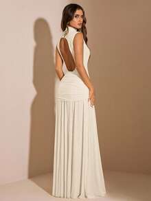 SHEIN BAE 优雅加长无袖高领纯黄色连衣裙，黄色连衣裙，米黄色连衣裙，生日连衣裙，约会连衣裙，节日派对连衣裙，宴会连衣裙 - 杏色 - 查看 2