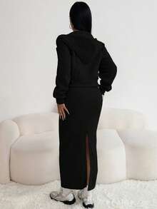 Chiquease 两件套女士休闲连帽拉链外套，收腰设计，弹性针织露背连衣裙，保暖内衬，适合秋冬季节穿着。 - 黑色 - 查看 2