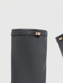 女士尖头时尚日常百搭高跟过膝长靴 - 深灰色 - 查看 5