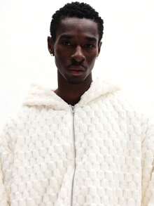 SUMWON 常规款男士奶油色羊羔绒全拉链连帽衫，带抽绳，纹理冬季休闲外套，舒适百搭纯色 - 米色 - 查看 4