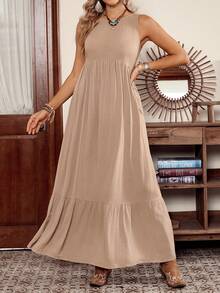 SHEIN LilyWest LanaWest 女士卡其色褶皱圆领宽松无袖系腰荷叶边下摆休闲长裙，春夏款 - 卡其色 - 查看 1