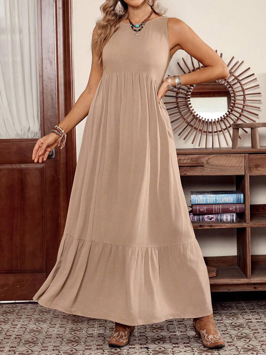 SHEIN LilyWest LanaWest 女士卡其色褶皱圆领宽松无袖系腰荷叶边下摆休闲长裙，春夏款 - 卡其色 - 查看 1