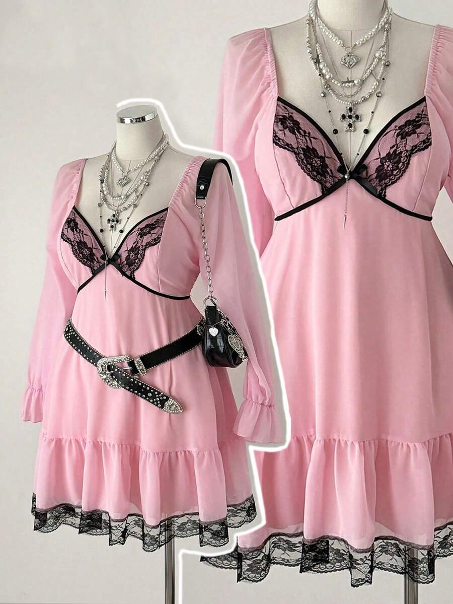 Sunspun New Elegant Sweet Going Out Tops, Chiffon Fabric Contrast Lace Bow Decor Bubble Long Sleeve Dress, Ruffle Hem Short Skirt, Spring/Summer/Fall - Pink - View 1