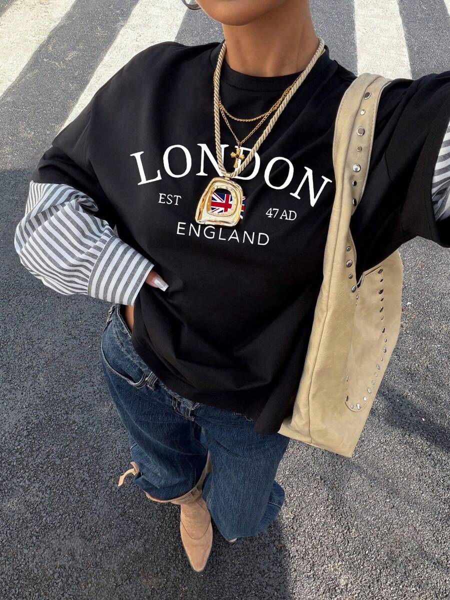 Muchica Women's New London Slogan Print Patchwork Round Neck Loose Long Sleeve T-Shirt - Black - View 1