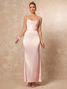 Lumalex 缎面亮面深V领露背交叉系带超大蝴蝶结性感甜美美人鱼裙摆女士连衣裙 - 粉色 - 查看 4