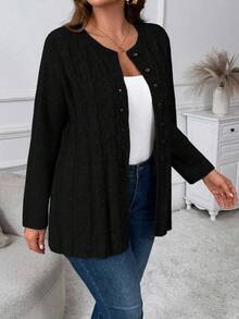 SHEIN CURVE+ 大码休闲纯色开衫，秋冬季 - 黑色 - 查看 6