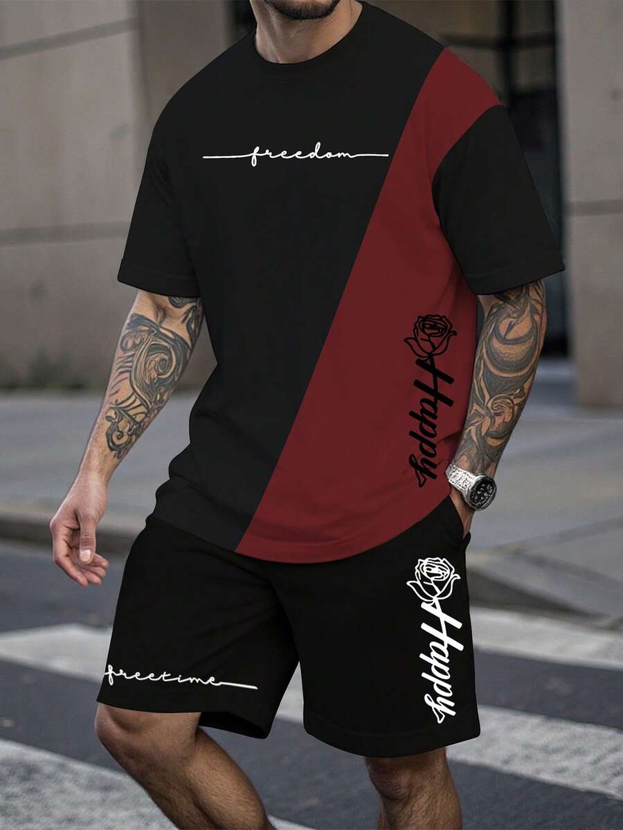 Manfinity Roughcore 男士休闲撞色印花T恤短裤套装 两件套 长袖T恤短裤 男士休闲字母印花短袖T恤短裤套装 男士街头风套装 男士两件套休闲短裤套装 - 紅色 - 查看 1