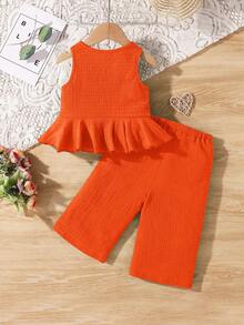 SHEIN Babygirl Summer Cute Solid Color Textured Sleeveless Top And Elastic Waist Loose Pants Set - Orange - View 2