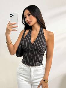 SHEIN PETITE Women Cotton Striped Stand Collar Single-Breasted Vest Thin Blazer In Fall/Summer And Summer Stripe Top Low Cut Top - Dark Grey - View 9