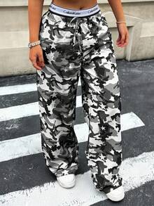 Muchica Plus Size Women's Summer Camouflage Print Waist Tie Straight Leg Pocket Pants,Fall,Streetwear,Y2K,2000s Style,Western,Country Concert,Vintage,Grunge