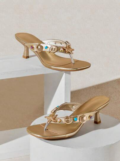 SHUZIA Women's Minimalist Comfortable Thong Strap Heeled Sandals With Seastar Ornaments