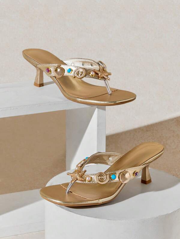 SHUZIA Women's Minimalist Comfortable Thong Strap Heeled Sandals With Seastar Ornaments