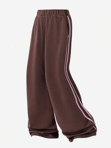 Sparklyn Girls Elastic Waist Wide Leg Casual Pants, Side Pink Stripe Accent, Sports Style Fashion Trousers, Draping Comfortable With Pockets - Brown - View 3