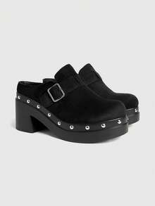 Sugerpunk Women's Retro Buckle Strap High Heel Sandals, Fashionable Casual Chunky Heel Mules - Black - View 2