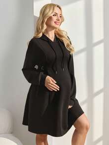 SHEIN Robe de maternité décontractée à capuche, manches longues, avec décoration à la taille et boutons, couleur unie - Noir - Voir 5