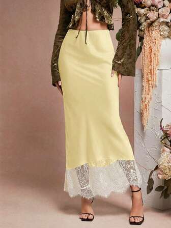 L'Amorae Women's High Waist Contrast Lace Elegant Pencil Skirt