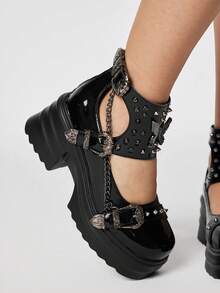 ROMWE Goth 2025 新款时尚春秋朋克风格 PU 皮革圆头玛丽珍鞋，厚底粗跟，蝴蝶结和铆钉装饰，女士休闲平底鞋 - 黑色 - 查看 3