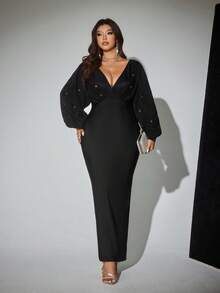 Viva Relle Plus Size Women's Elegant & Fashionable High-End Design Batwing Sleeve Party Dress, Fitted Style, Suitable For New Year Party, Gala, Christmas & New Year, Nightclub Party, Flattering & Shiny Dress For Women's Outings, Date Night, Party & Gathering, Design - Grey - View 6