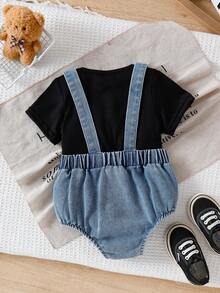 SHEIN Vintaside Kids Toddler Boys' Overalls With Short Sleeve Top - Black - View 2