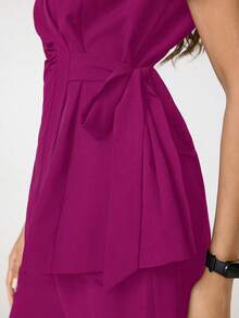 TaskEZ Solid Color V-Neck Short Sleeve Side Knot Top And Pants Nursing Scrub Uniform Set - Hot Pink - View 3