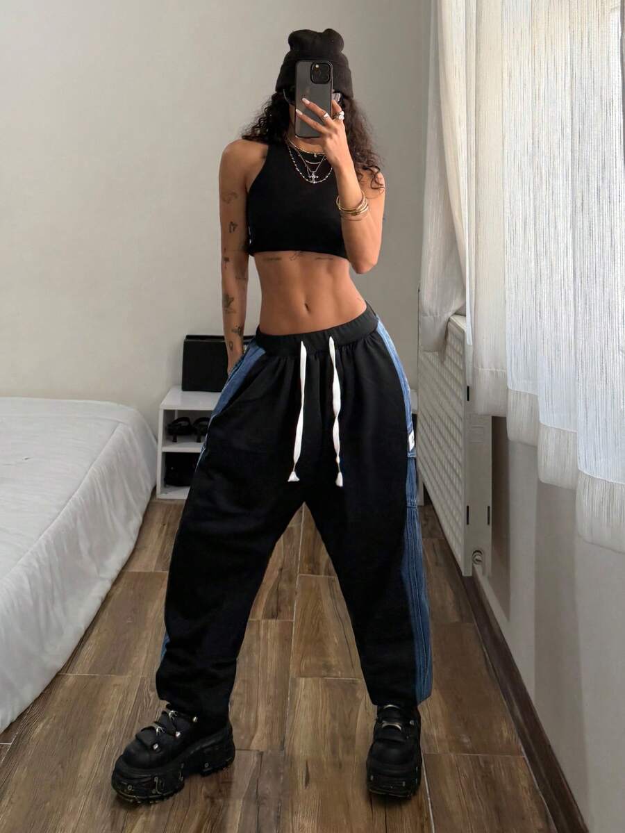 StreetHx 女士抽绳腰带口袋时尚街头休闲牛仔裤 - 彩色 - 查看 1