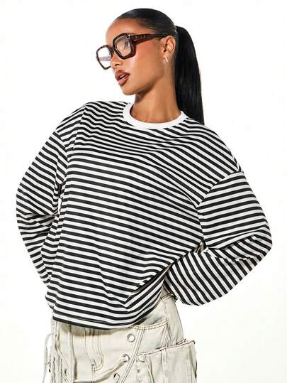 SUMWON WOMEN Långärmad randig t-shirt Casual Oversized Loose fit Rund halsad topp Höst Vinter Vardagsgarderobsessens