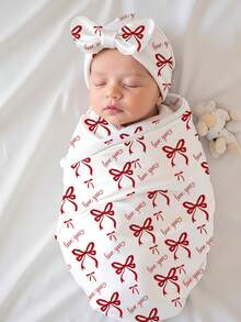 SHEIN 2Pcs Set Newborn Photography Swaddle Wrap Red Bowknot Print Baby Girl Photo Props With Bow Hat Newborn Valentine's Day Gift - Red and White - View 1