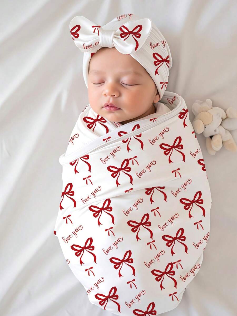 SHEIN 2Pcs Set Newborn Photography Swaddle Wrap Red Bowknot Print Baby Girl Photo Props With Bow Hat Newborn Valentine's Day Gift - Red and White - View 1
