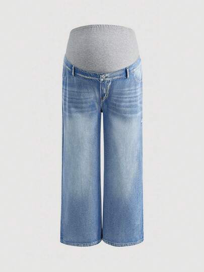 SHEIN Jeans rectos de lavado casual de talle ajustable para maternidad de talla grande