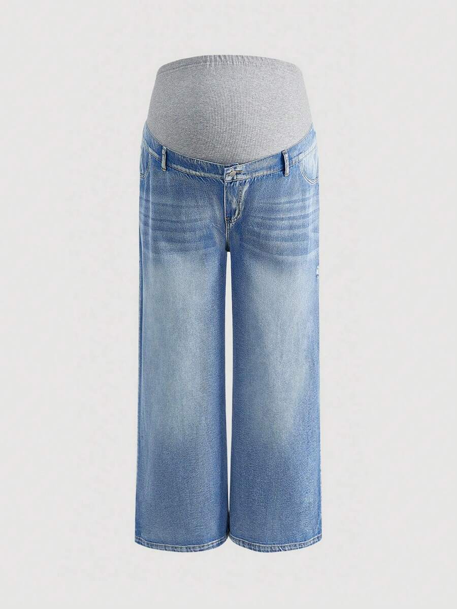 SHEIN 孕妇加大码休闲日常可调节腰围直筒水洗牛仔裤 - 藍色 - 查看 1