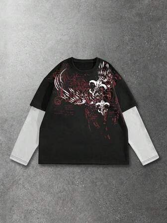 Goth Herren Lässig Patchwork Kontrast Farbdruck Langarm T-Shirt