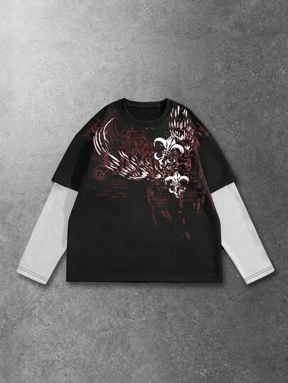Goth T-shirt à manches longues casual pour hommes avec patchwork et imprimé contrastant