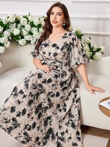 Modelyn Đầm chữ A thanh lịch in họa tiết dành cho phụ nữ cỡ lớn, thắt eo. - màu đen - Xem 6