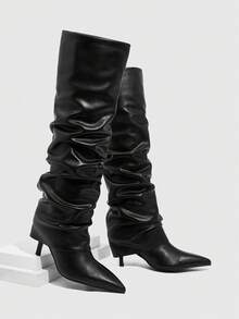 Daringsoles 女士尖头褶皱时尚日常百搭高跟过膝长靴 - 黑色 - 查看 7
