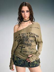 ROMWE Grunge Punk Kaos Slim Fit Leher V dengan Desain Lusuh ala SpringGrunge - Hijau Tentara - View 2