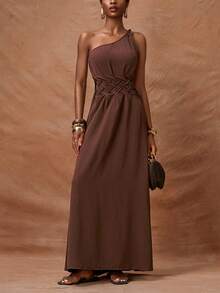 Zivah 2026 Spring/Summer New Arrival One Shoulder Twist Waist Woven Detailing Real Pockets A-Line Dress - Mocha Brown - View 9