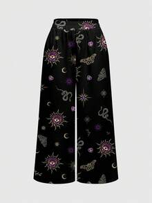 ROMWE Women's Casual Gothic Dark Mysterious Heart Eye Cross Palace Sun Moon Star Eye Black All-Over Print Loose Wide Leg Pants